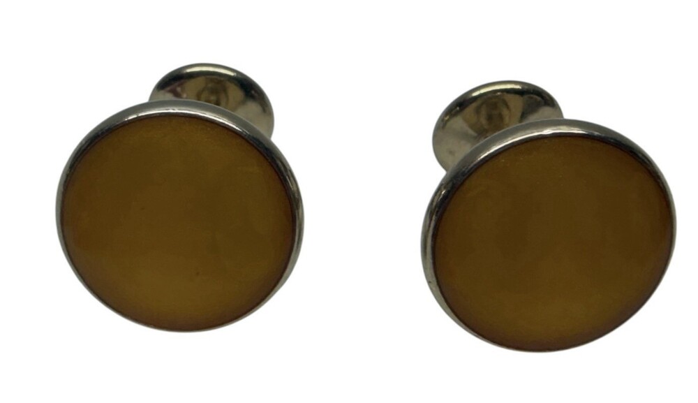 Vintage Round Gold Yellow Cabochon Cufflinks Silver Tone Men’s Formal Jewelry